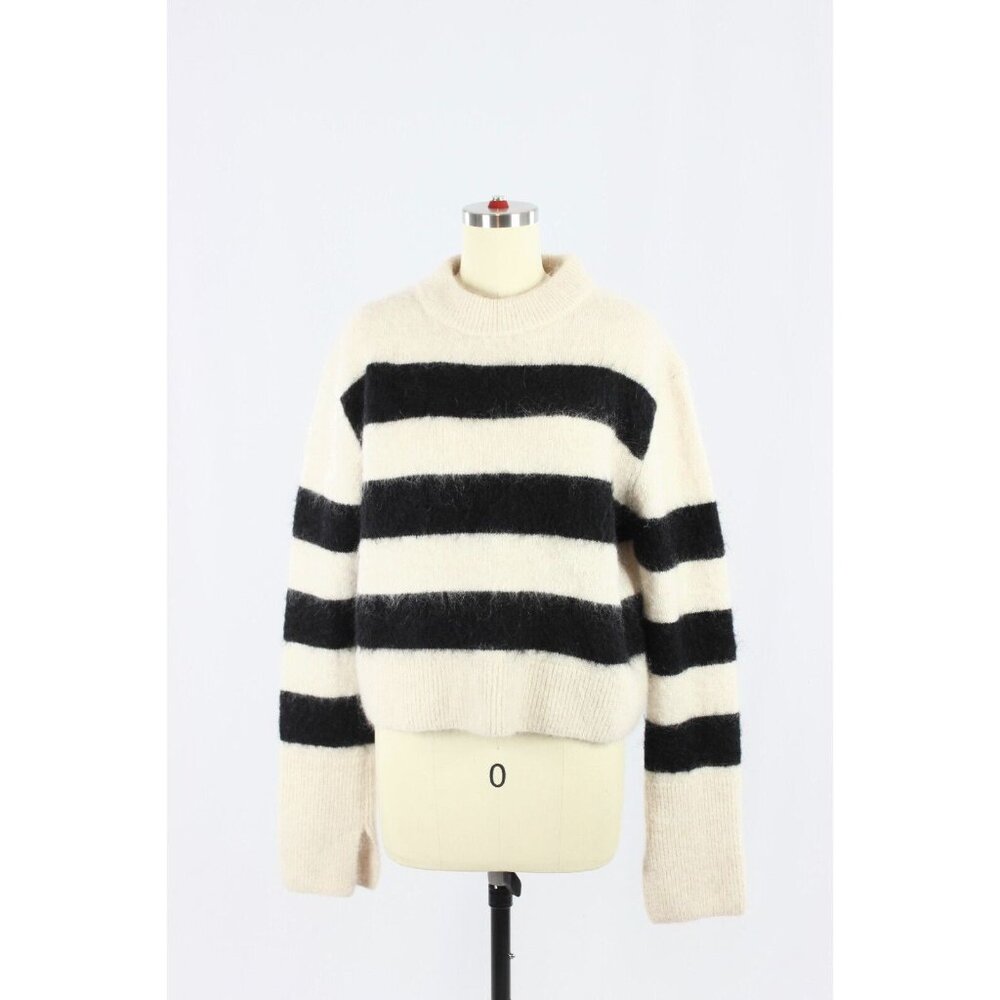 H&M White Black Striped Mohair Wool Blend Knit Crew Neck Sweater, Size M - Picture 2 of 13
